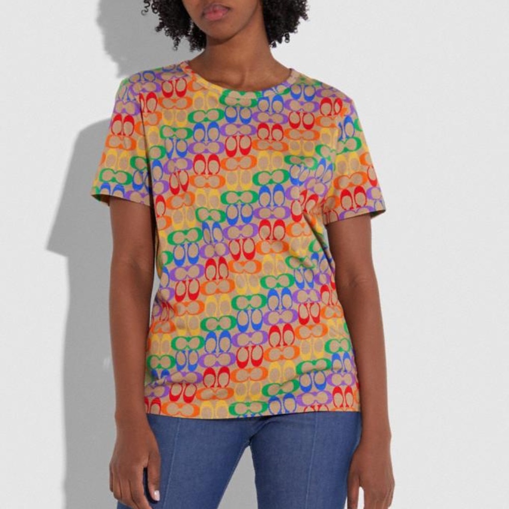 COACH Women Rainbow Signature T-Shirt Shirt Size S